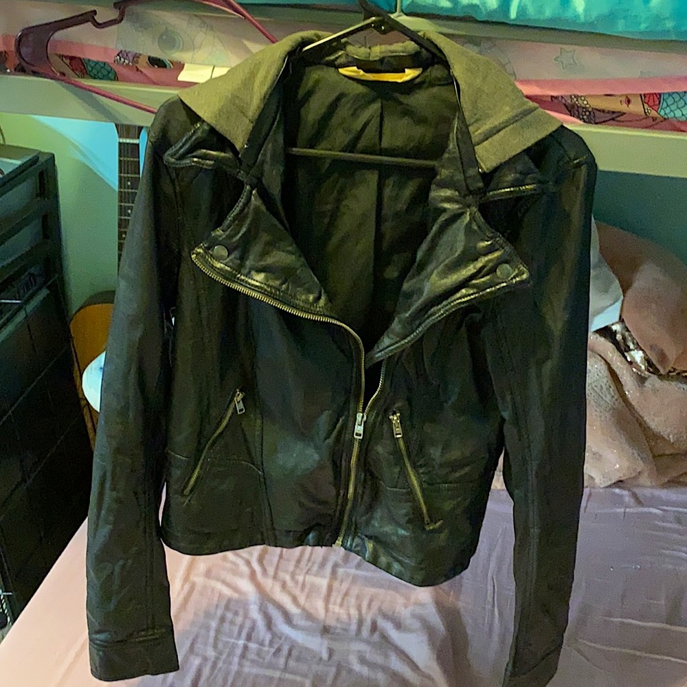 Faux leather jacket detachable hood. Lg